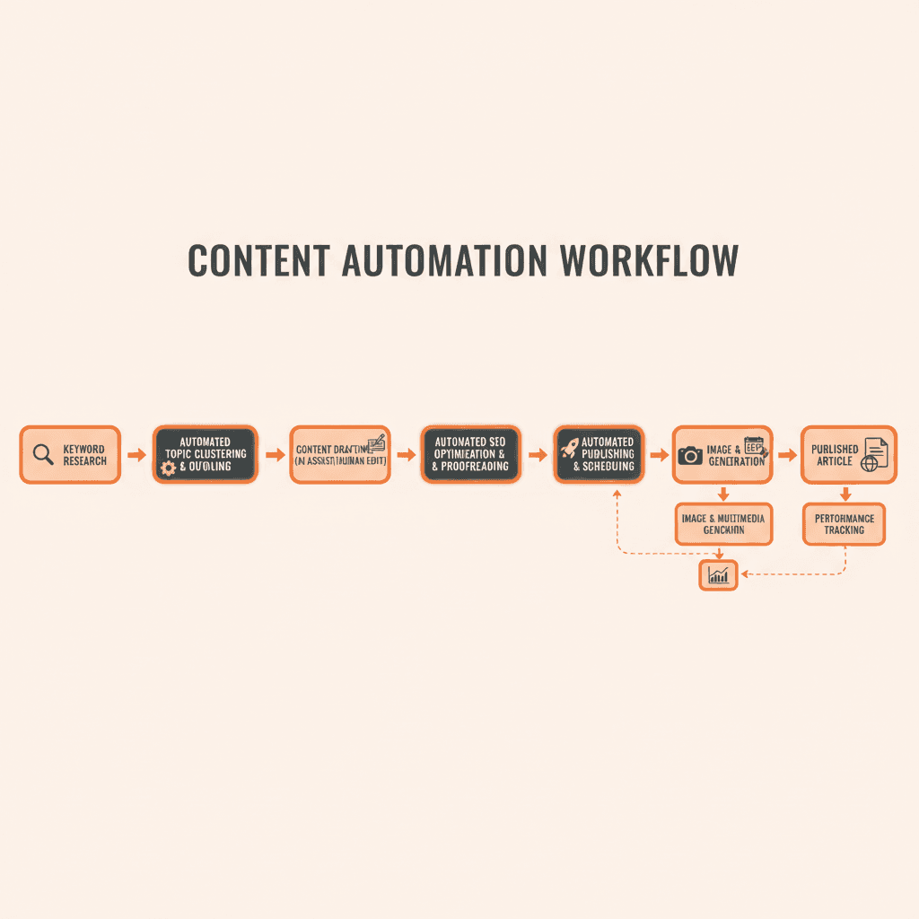 Content automation workflow diagram from research to publication