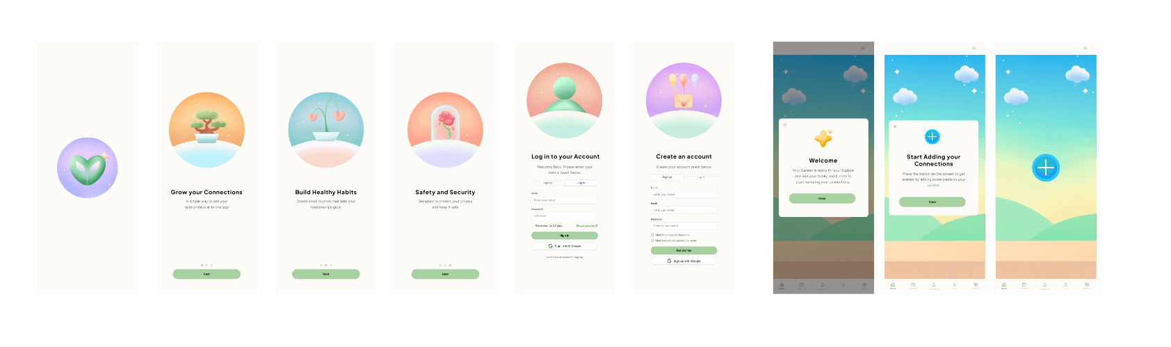 Onboarding flow for the Growth App showing welcome screens, connection setup and habit introduction across light mode.