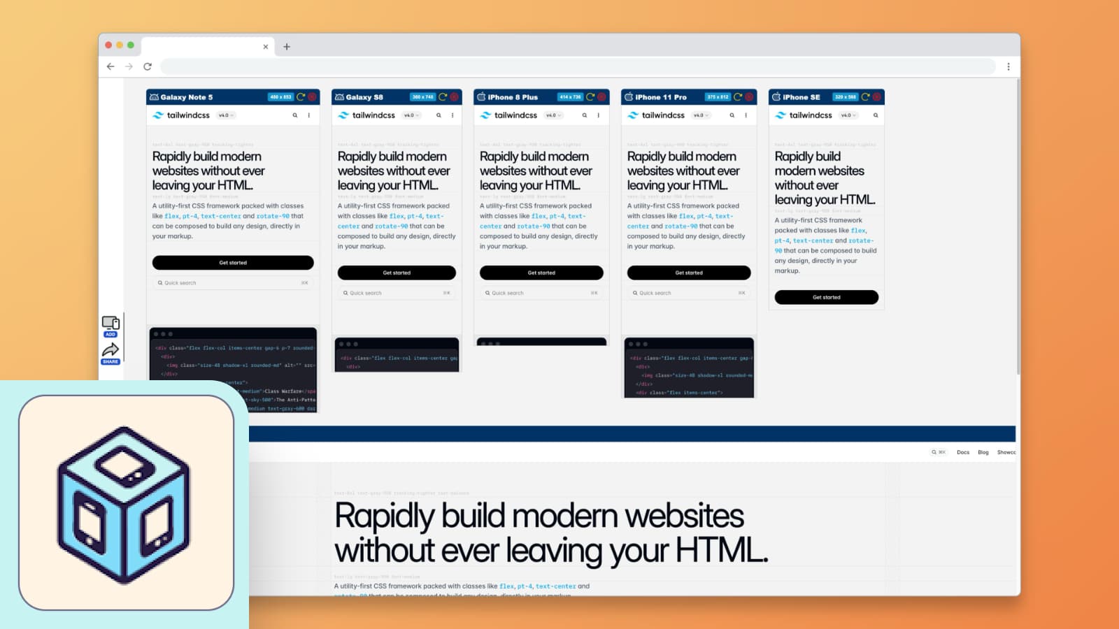 Mobile View browser extension showing the Tailwind CSS homepage across multiple mobile device simulations, including Galaxy Note 5, Galaxy S8, iPhone 8 Plus, iPhone 11 Pro, and iPhone SE. Each screen displays how the website adapts to different mobile resolutions with consistent layout and styling. The extension's logo, a 3D cube with device screens on its faces, is shown in the bottom-left corner.