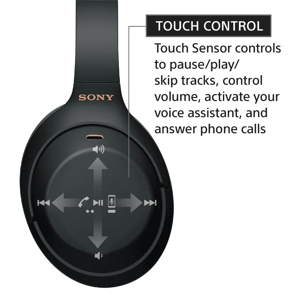 Sony WH-1000XM4 with touch sensor controls to pause, play, skip tracks, control volume, activate voice assistant and answe phone calls