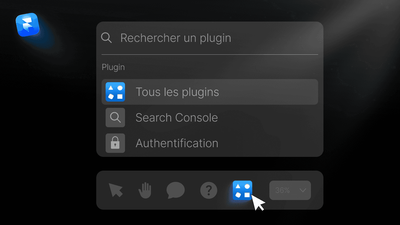 Interface des plugins Framer avec recherche et menu des plugins disponibles