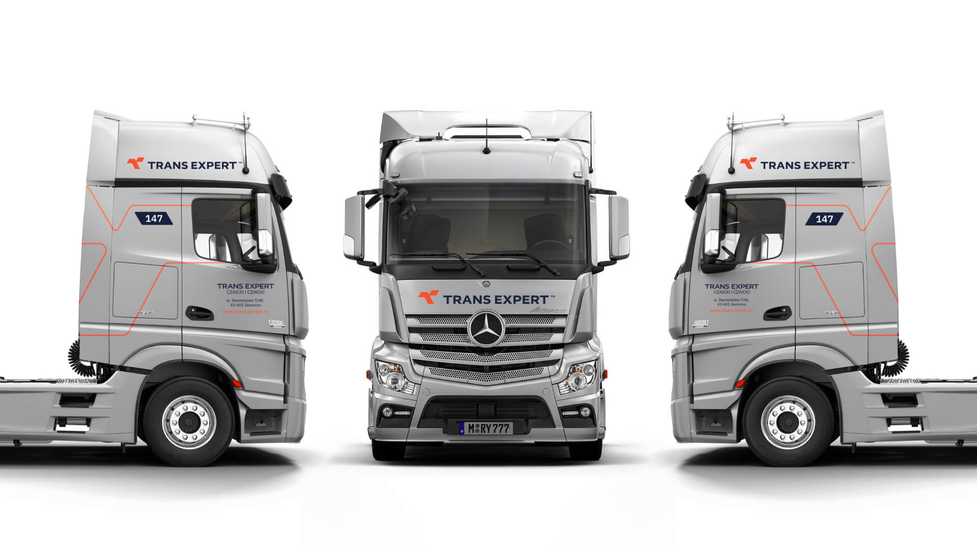 Three frontal views of a grey Mercedes-Benz semi-truck cab with Trans Expert branding. The logo and orange accent lines are visible on the side panels and front grille.