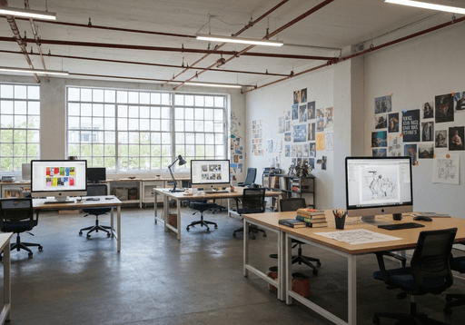 Modern office workspace with desks, computers, and a large window. A wall has pictures and drawings.