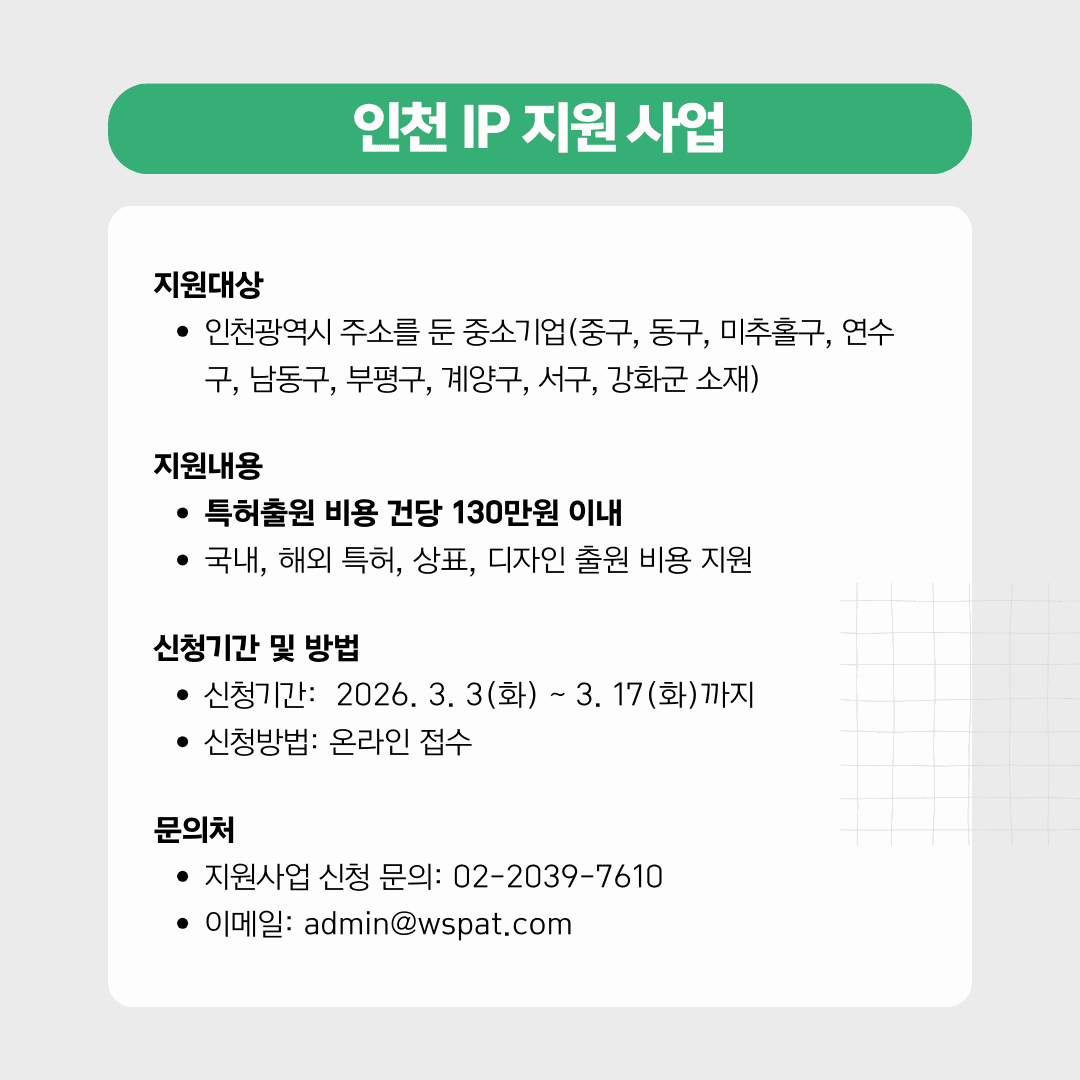 [인천] 중소기업 특허·상표·디자인·실용신안 출원 비용 지원 사업