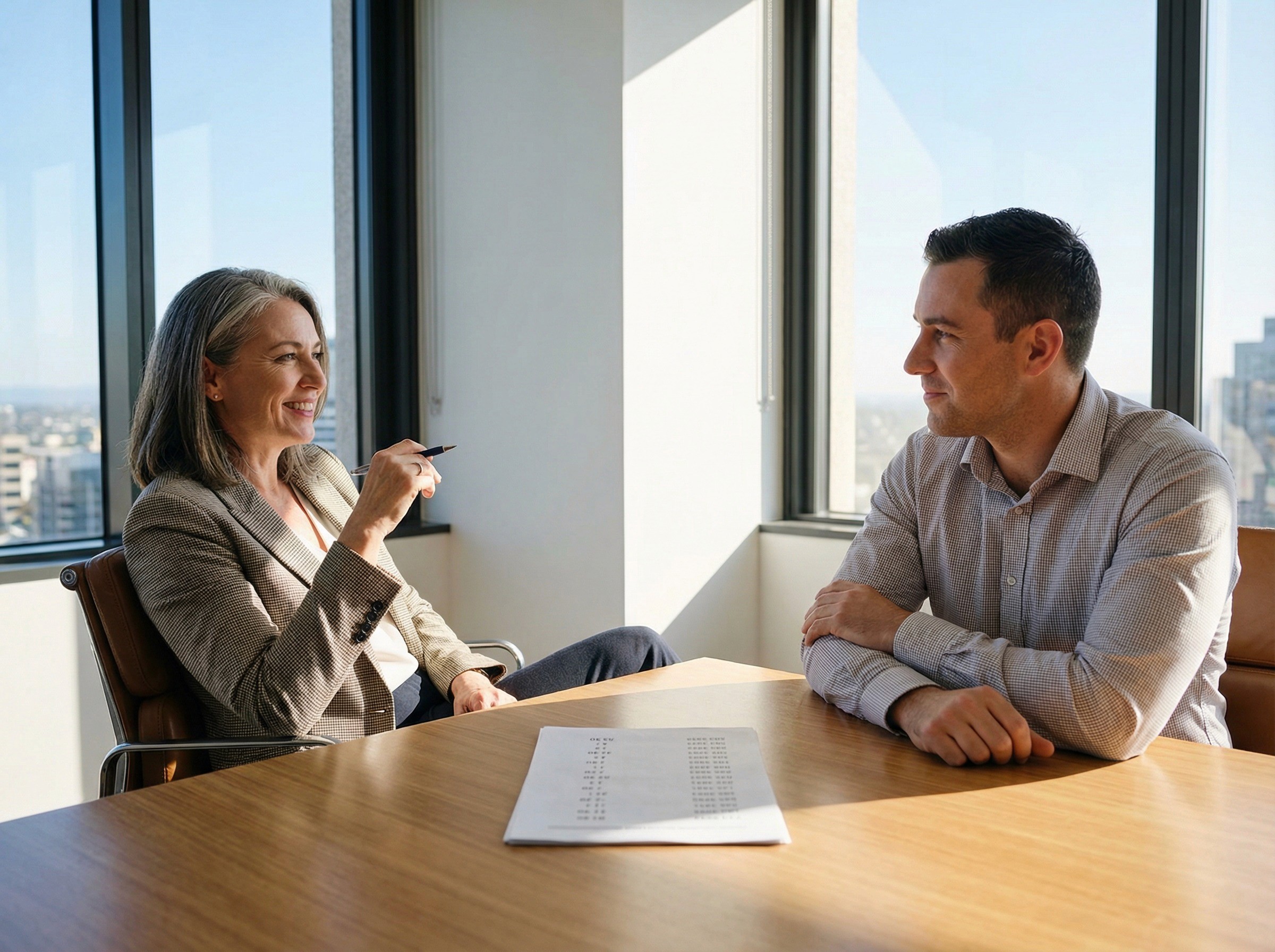 A warm, confident shot of a CFO in her early 50s and a head of people and culture in his late 30s sitting in a bright corner office, mid-conversation, with the relaxed body language of two people who have just agreed on something. She is leaning back slightly in her chair with a pen resting between her fingers, the look of someone who has reviewed the numbers and is satisfied with what she found. He is sitting forward, forearms on the table, nodding.