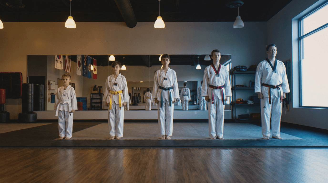 A group of taekwondo students wearing different colored belts stand in formation inside a dojang.