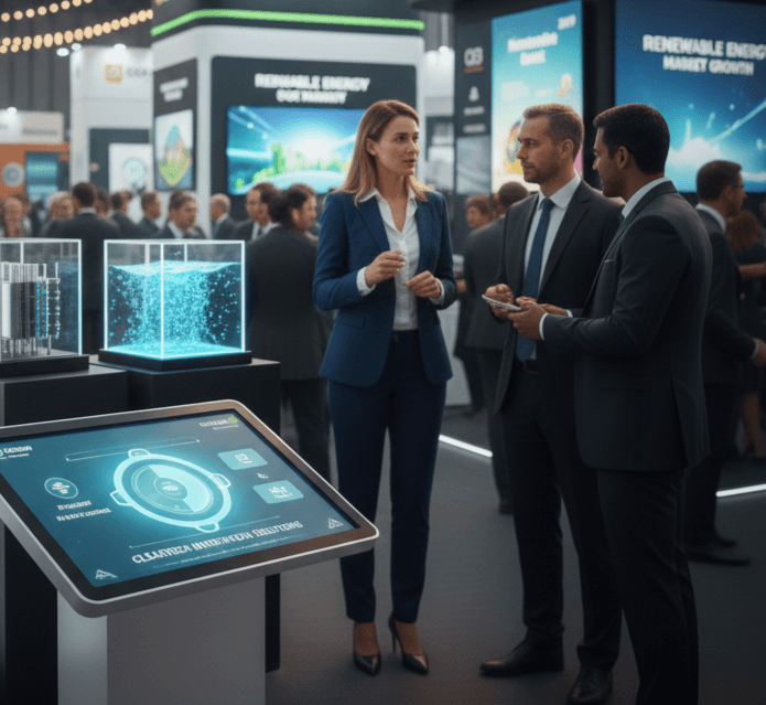 Excited visitor examining impressive cutting-edge solar innovation prototype at innovative exhibitor's stand, with engineer explaining tech at Abu Dhabi Sustainability Week 2026 expo.