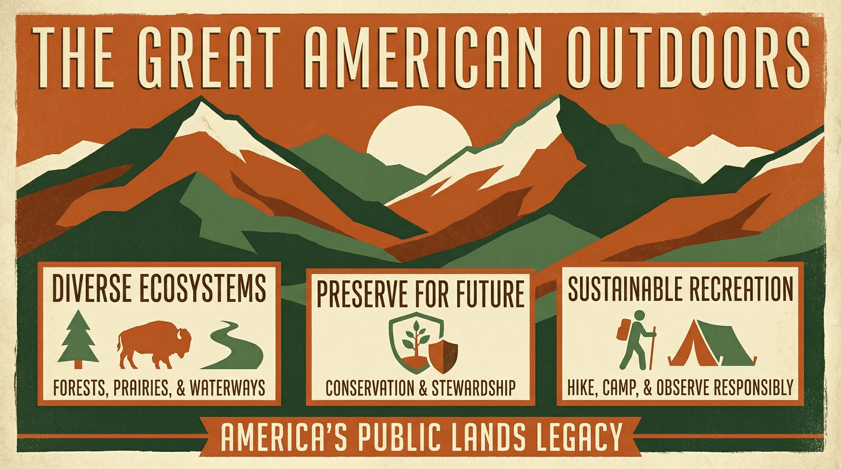 Vintage WPA National Park style travel poster infographic with flat broad colors, geometric landscapes, and Art Deco text.