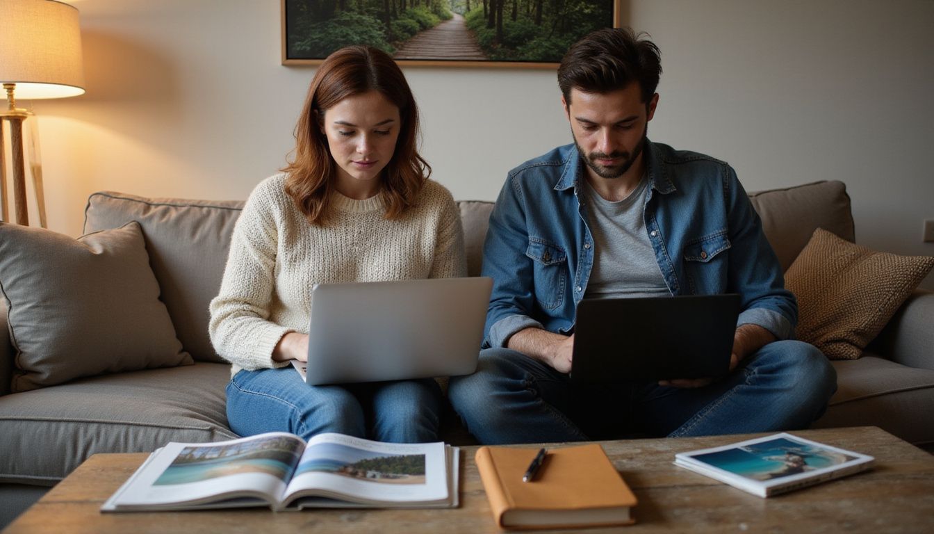 A couple works on laptops together in a cozy living room.