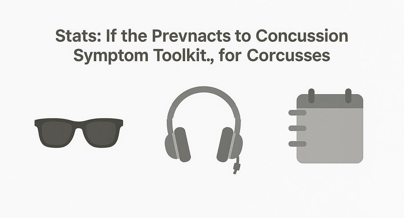 Infographic displaying icons for sunglasses, noise-canceling headphones, and a planner, representing a concussion symptom toolkit.
