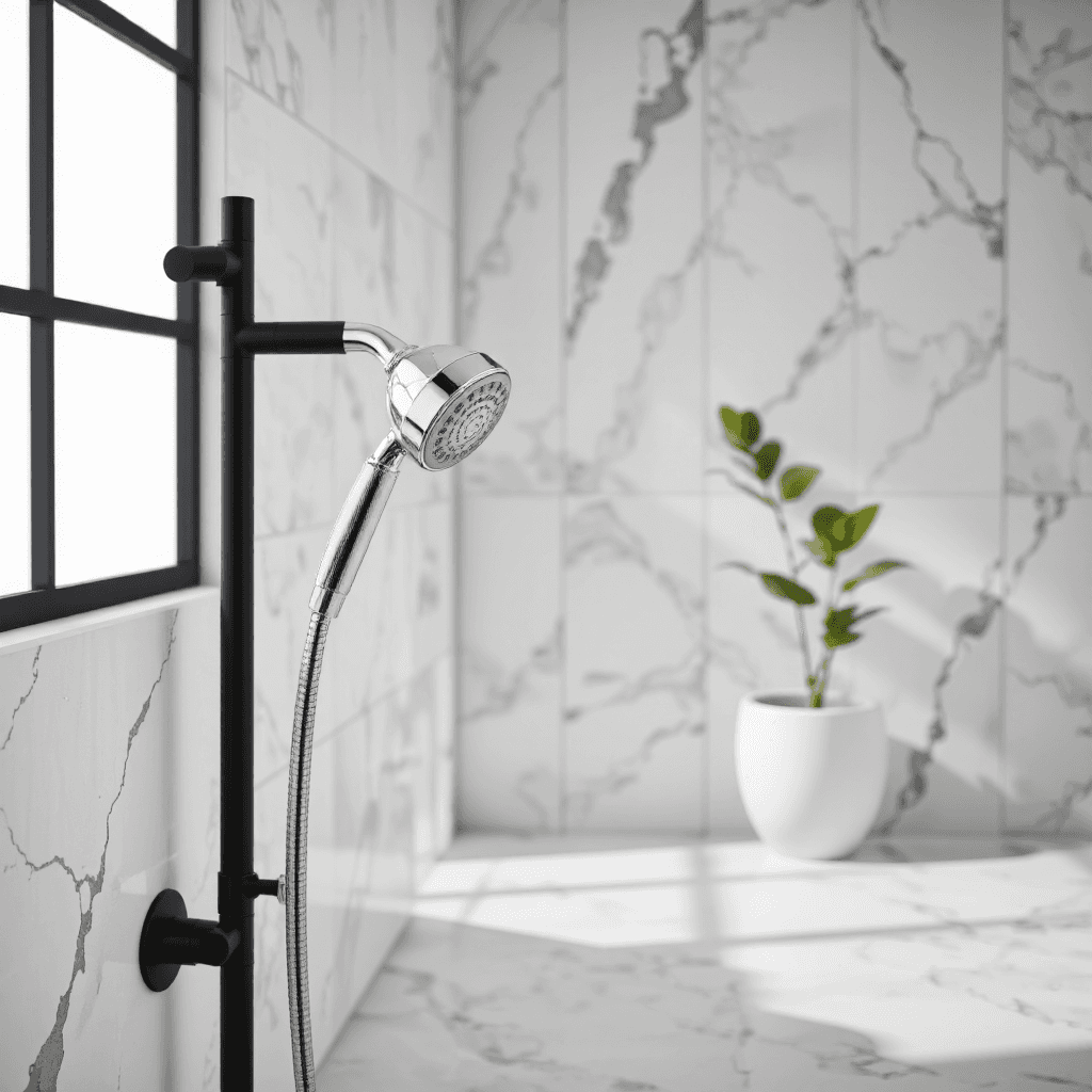 product photography of a showerhead with a flexible hose