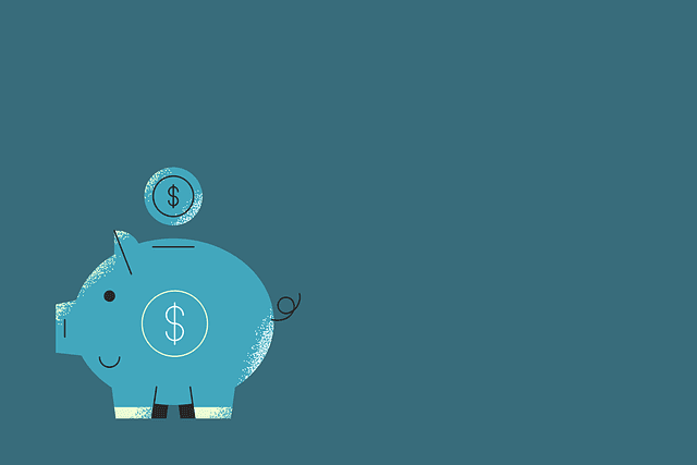 Illustration of a blue piggy bank with a coin falling in