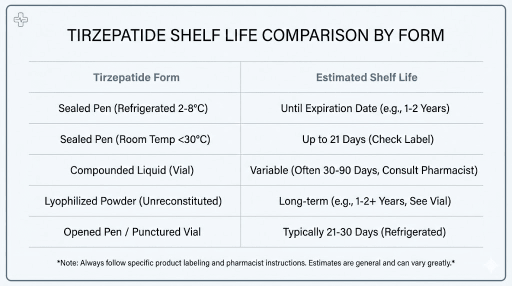 Tirzepatide shelf life comparison chart for different storage forms and conditions
