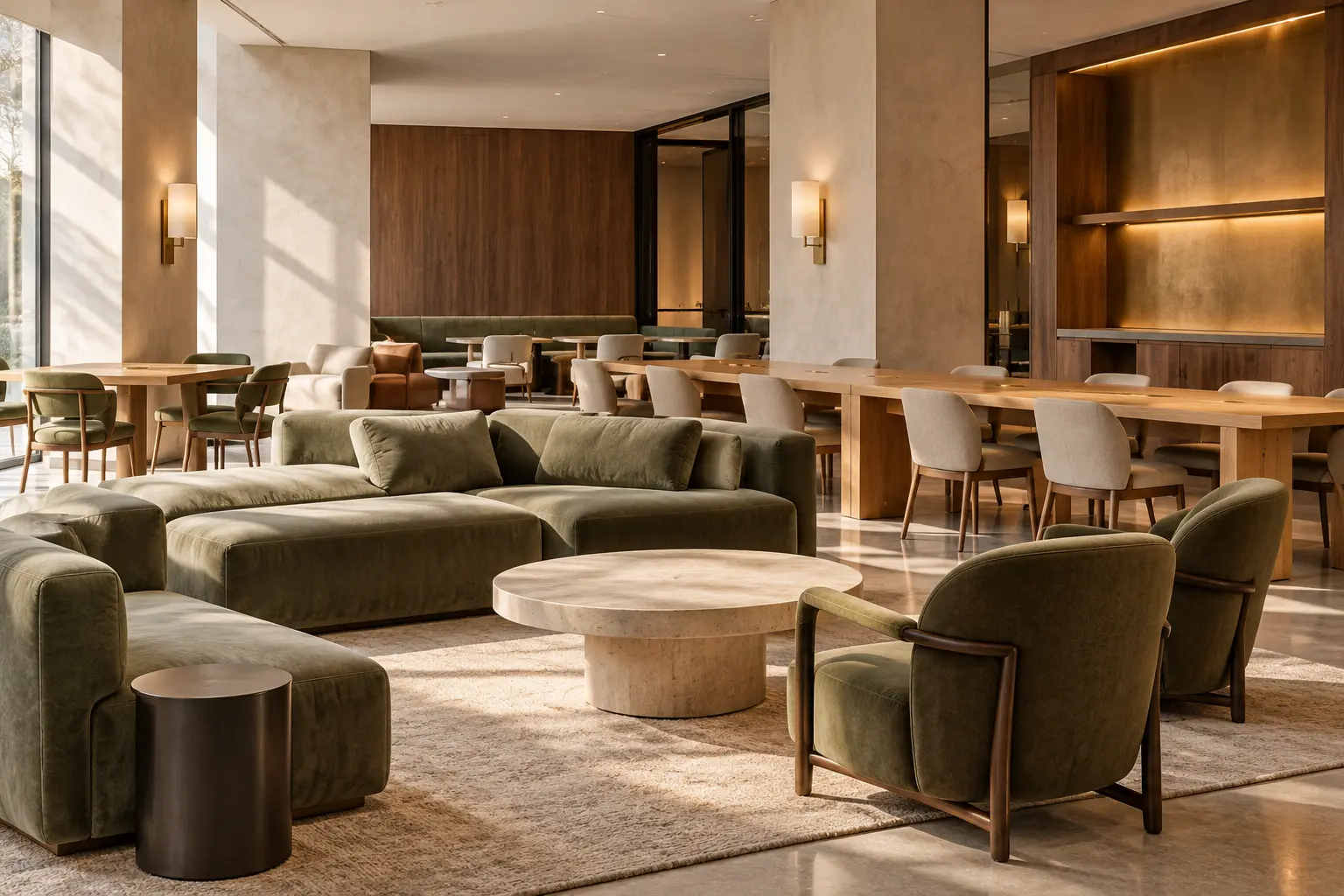 Amenity lounge with sage velvet sofas, moss chairs and long oak work tables