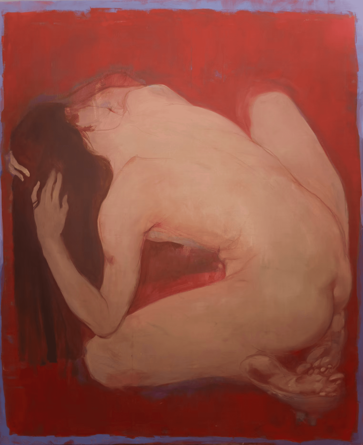 A contemplative figure is depicted in muted tones amidst a vibrant red background, capturing a sense of introspection and emotional depth.