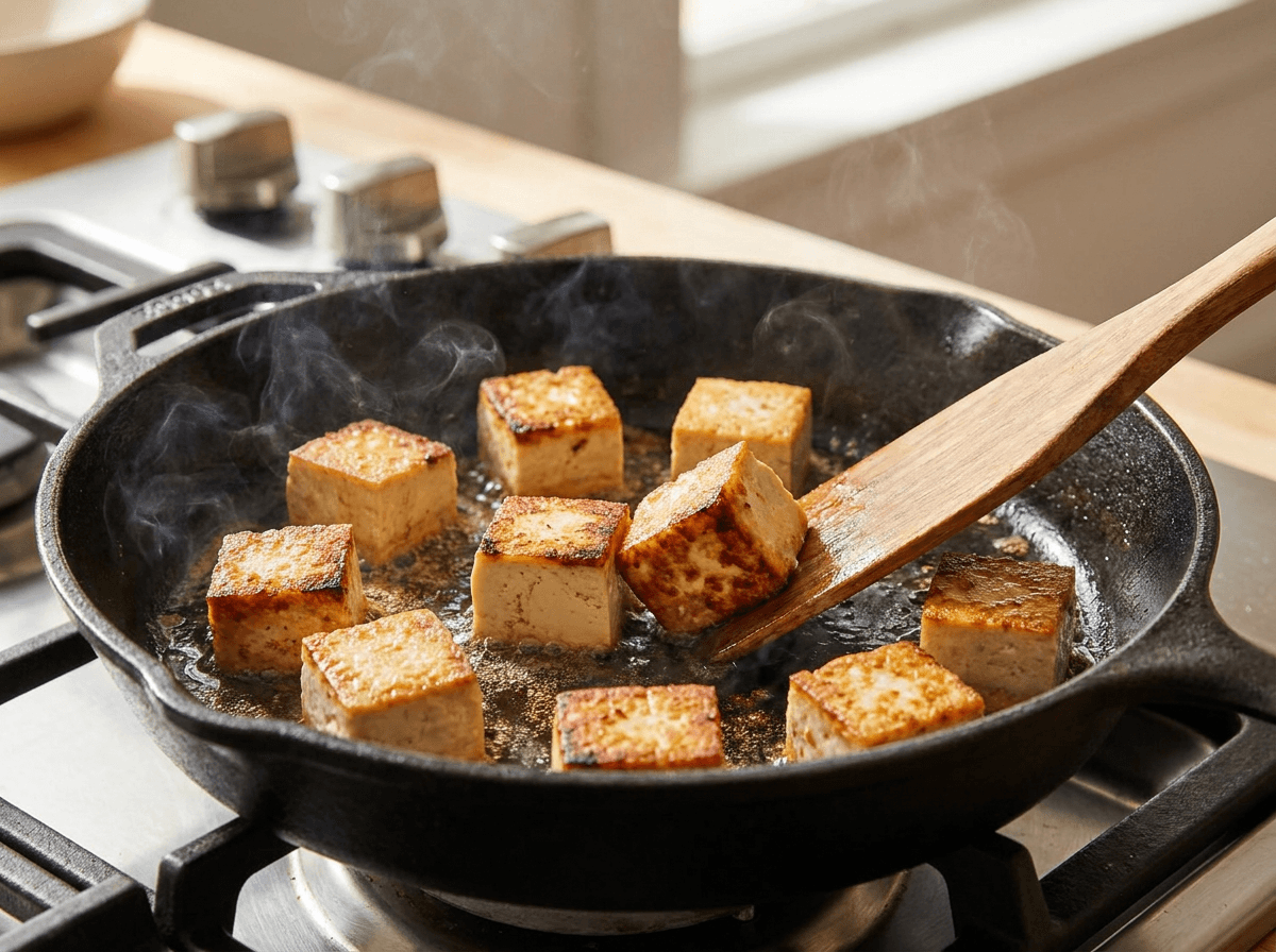 Golden brown tofu cubes pan-frying in a hot skillet