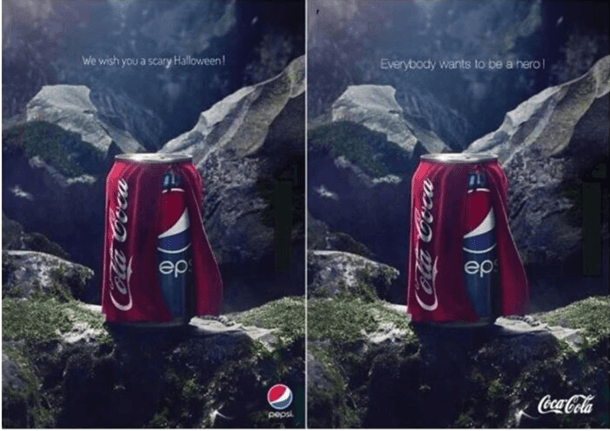 Two poster variations by Pepsi and Coca-Cola of a Pepsi can wearing a Coca-Cola cape, attacking each other’s competitor.