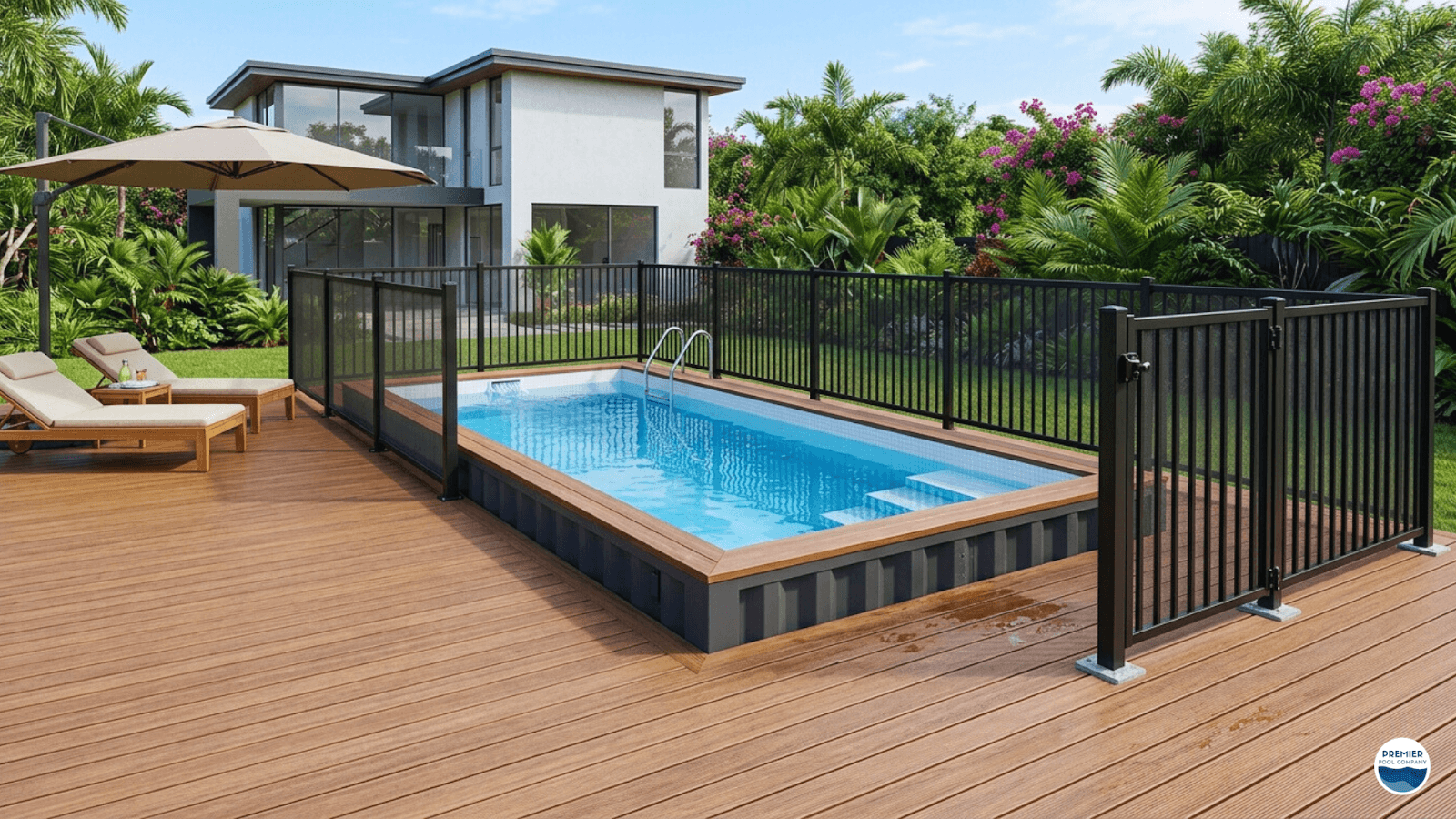Pool safety fence and anti slip decking around shipping container pool