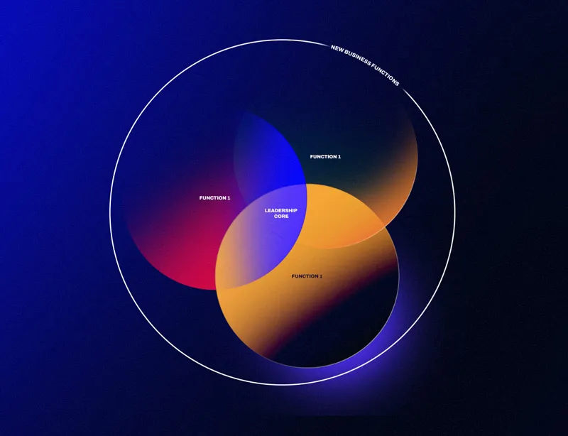 Abstract design featuring overlapping shapes in red, blue, and yellow on a dark background, within a circular outline.