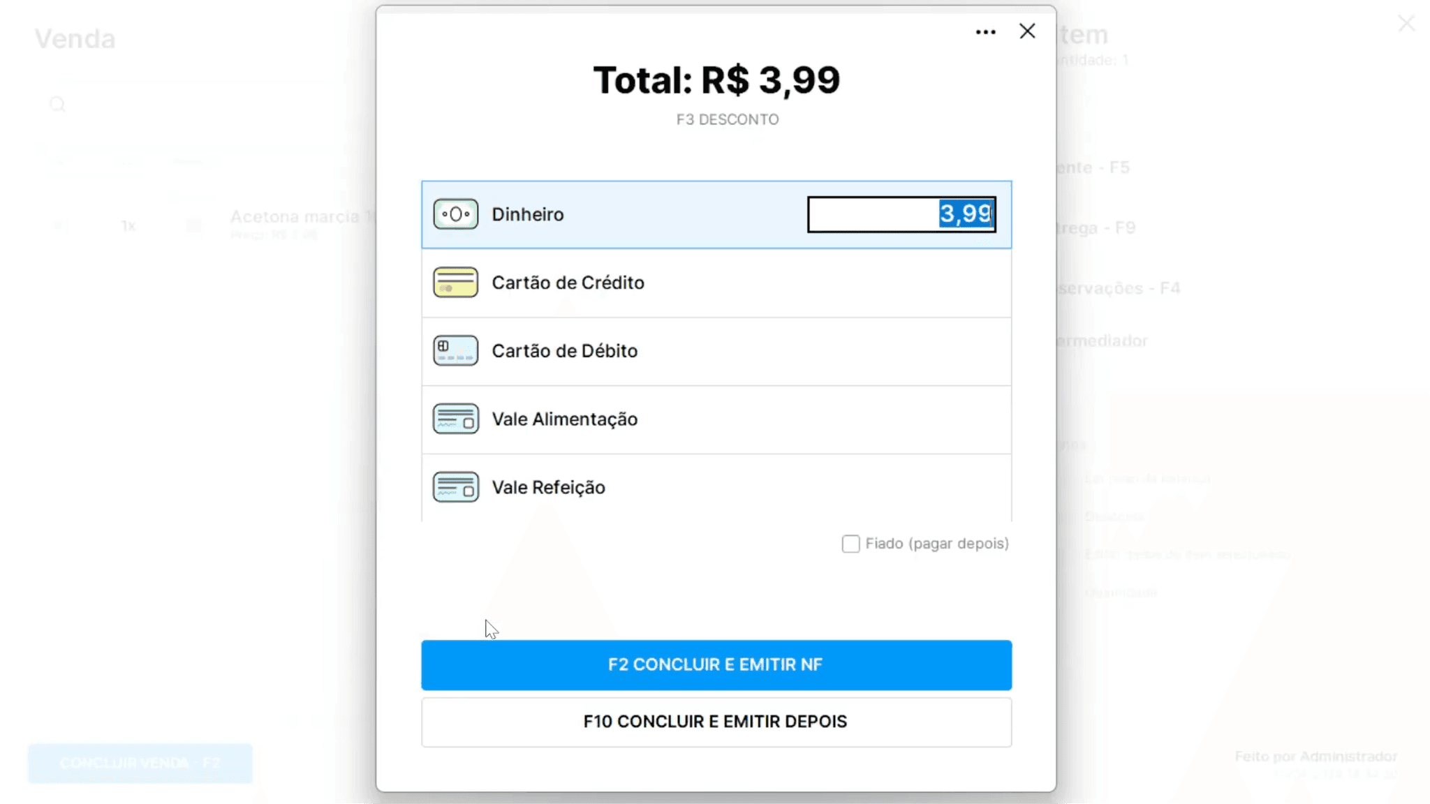 Exemplo de tela de vendas do sistema Nex com formas de pagamento disponíveis e opção de emissão de nota fiscal automática em destaque.