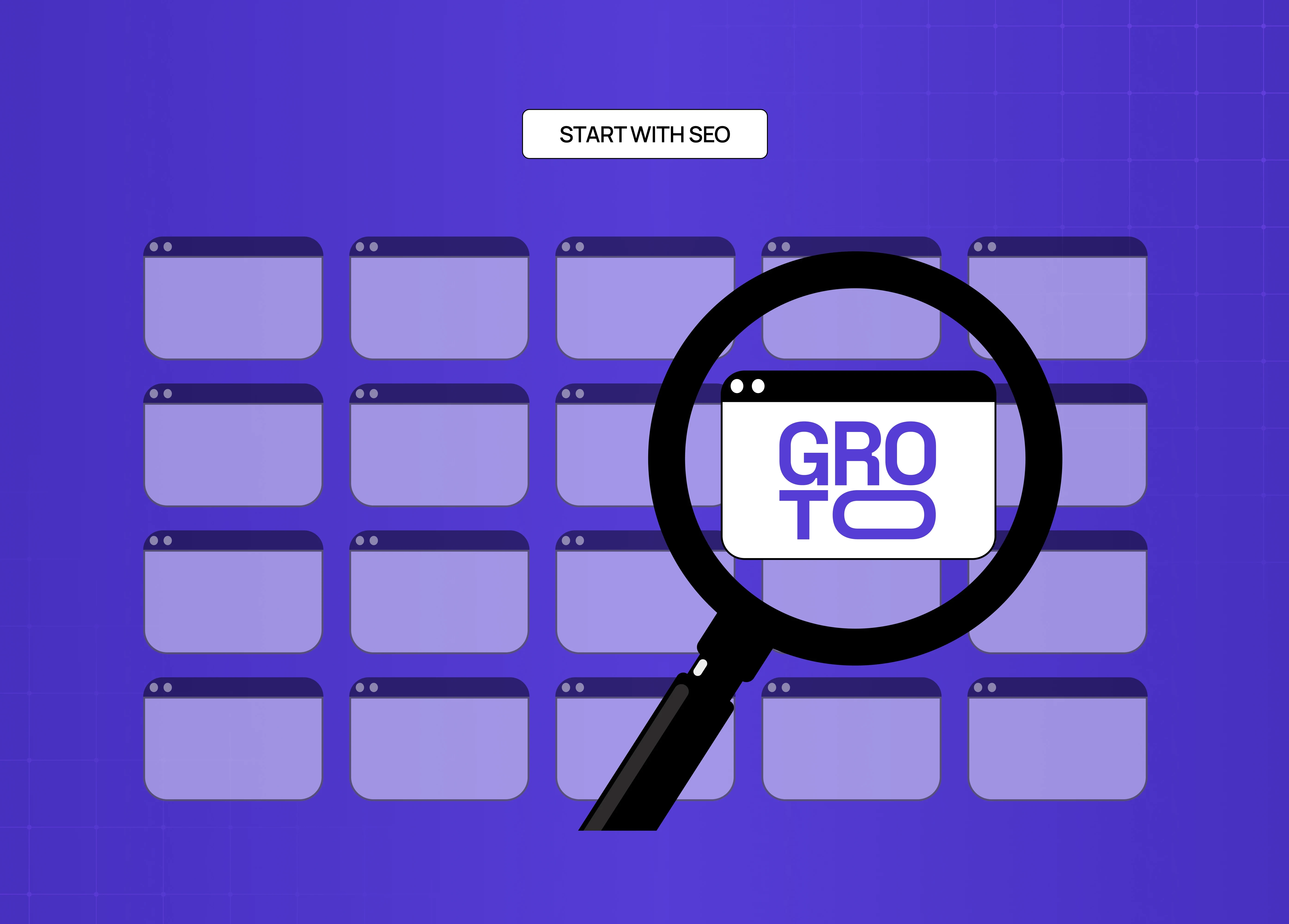 Illustration of a magnifying glass highlighting a website among search results, representing SEO visibility and search optimization.