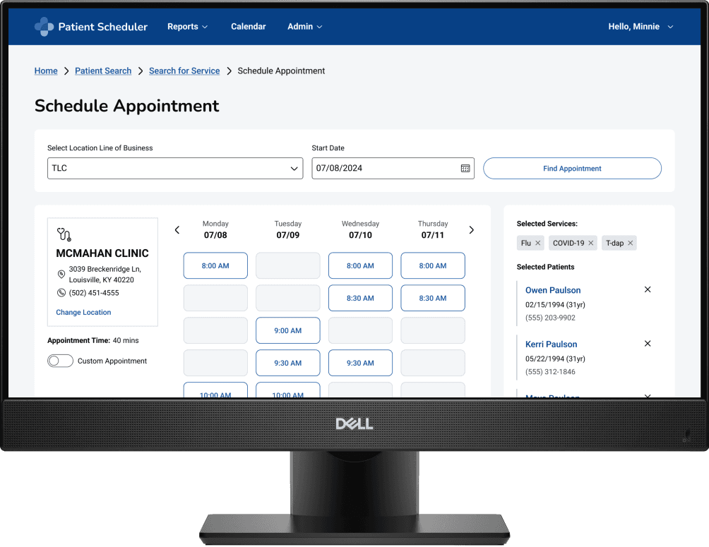 The image shows a computer screen displaying a "Schedule Appointment" page for a clinic, with options to select the location, date, and available time slots for booking, as well as patient information and service selections.