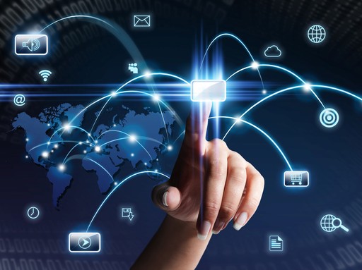 Hand interacting with connected digital network icons, nDataStor scalable IT solutions