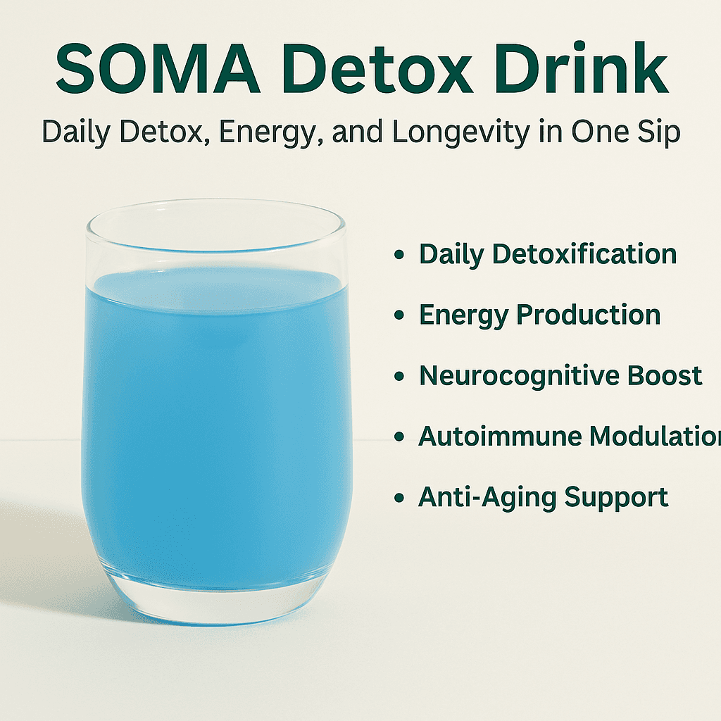 SOMA Detox Drink: a glass of blue drink beside its benefit list
