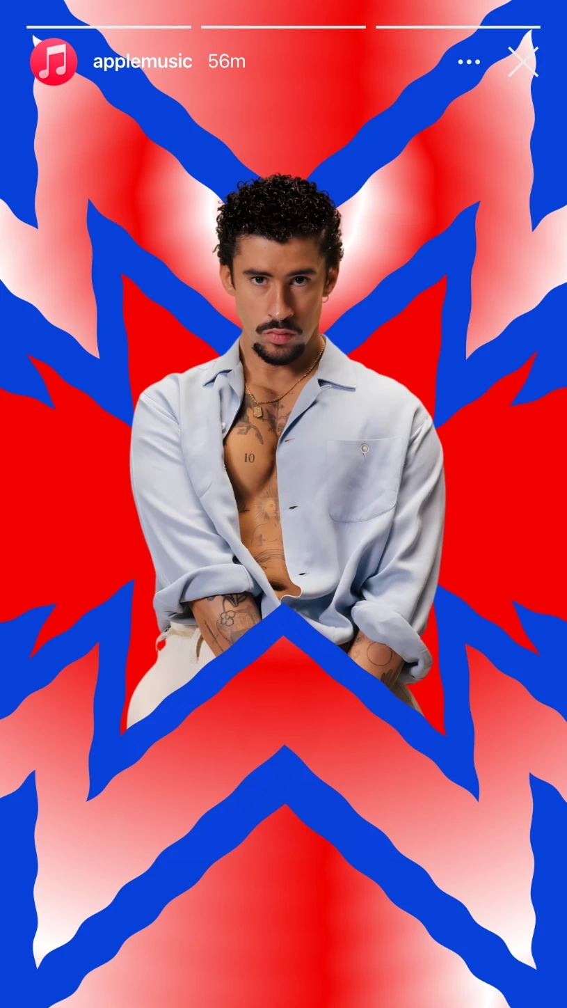 "Social media story design for Caliente Latin music playlist campaign featuring Rosalía, Anitta and Bad Bunny with bold graphic visual identity"