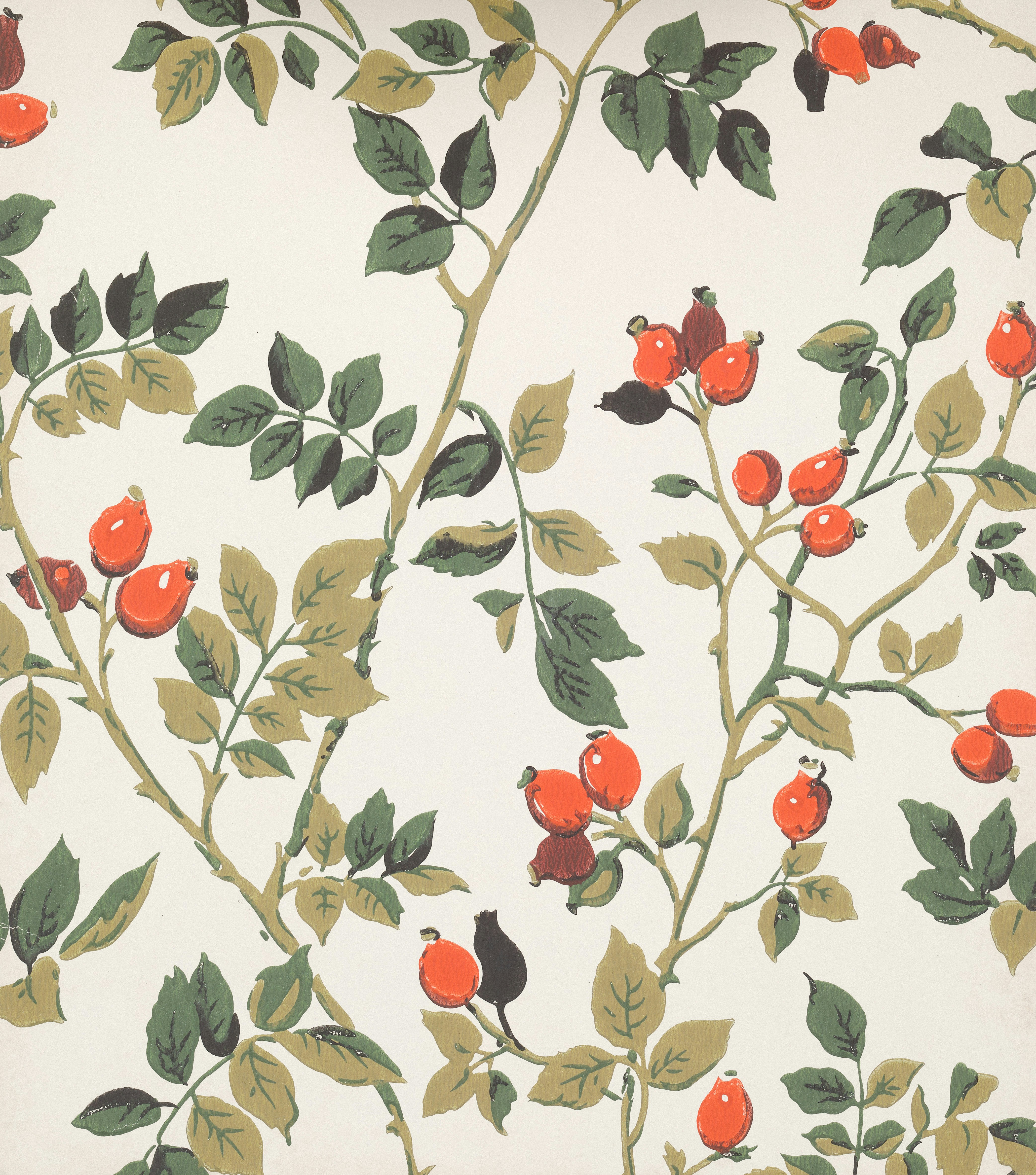 Floral pattern with red berries and green leaves
