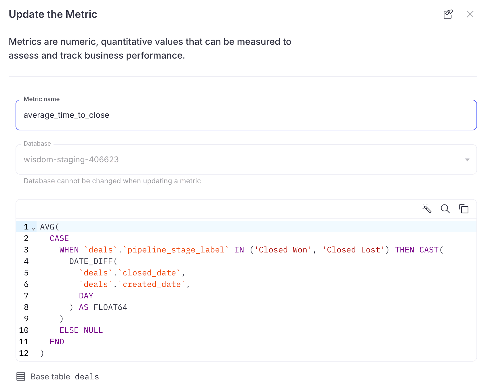 Metric definition linked to datasets