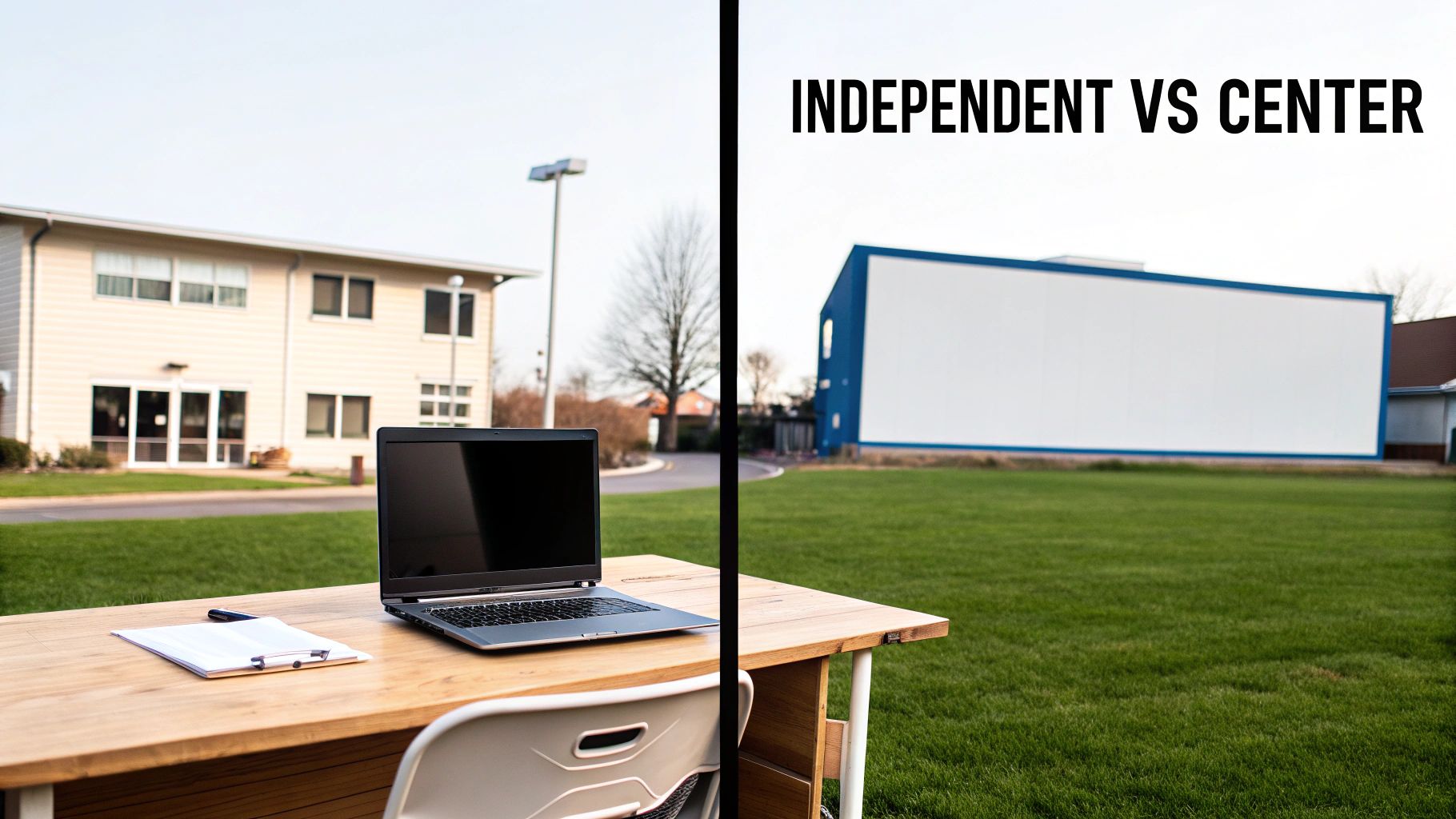 An outdoor office desk with laptop on left, contrasting a large outdoor screen building on right.
