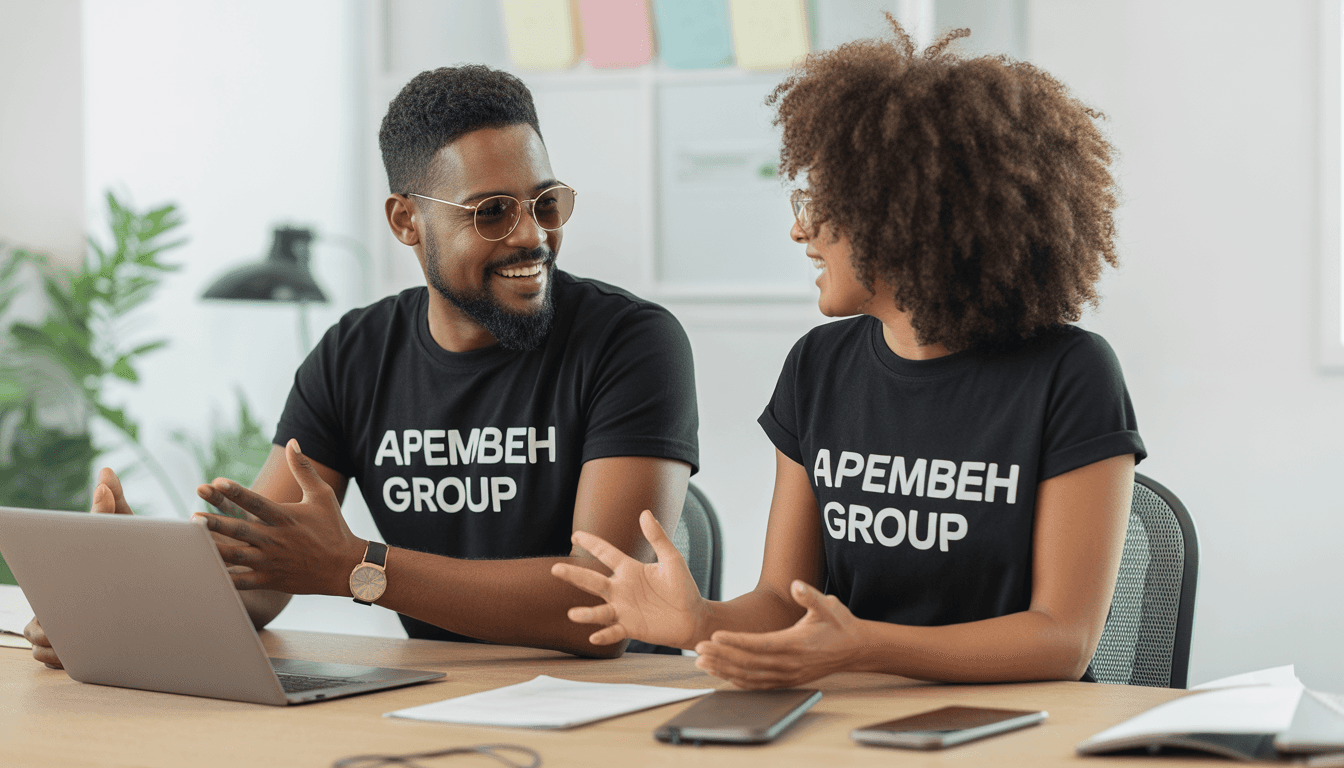 A man in a brown blazer and a woman in a light sweater sit at a desk with a laptop, discussing something. The room is dimly lit, creating a focused atmosphere.
