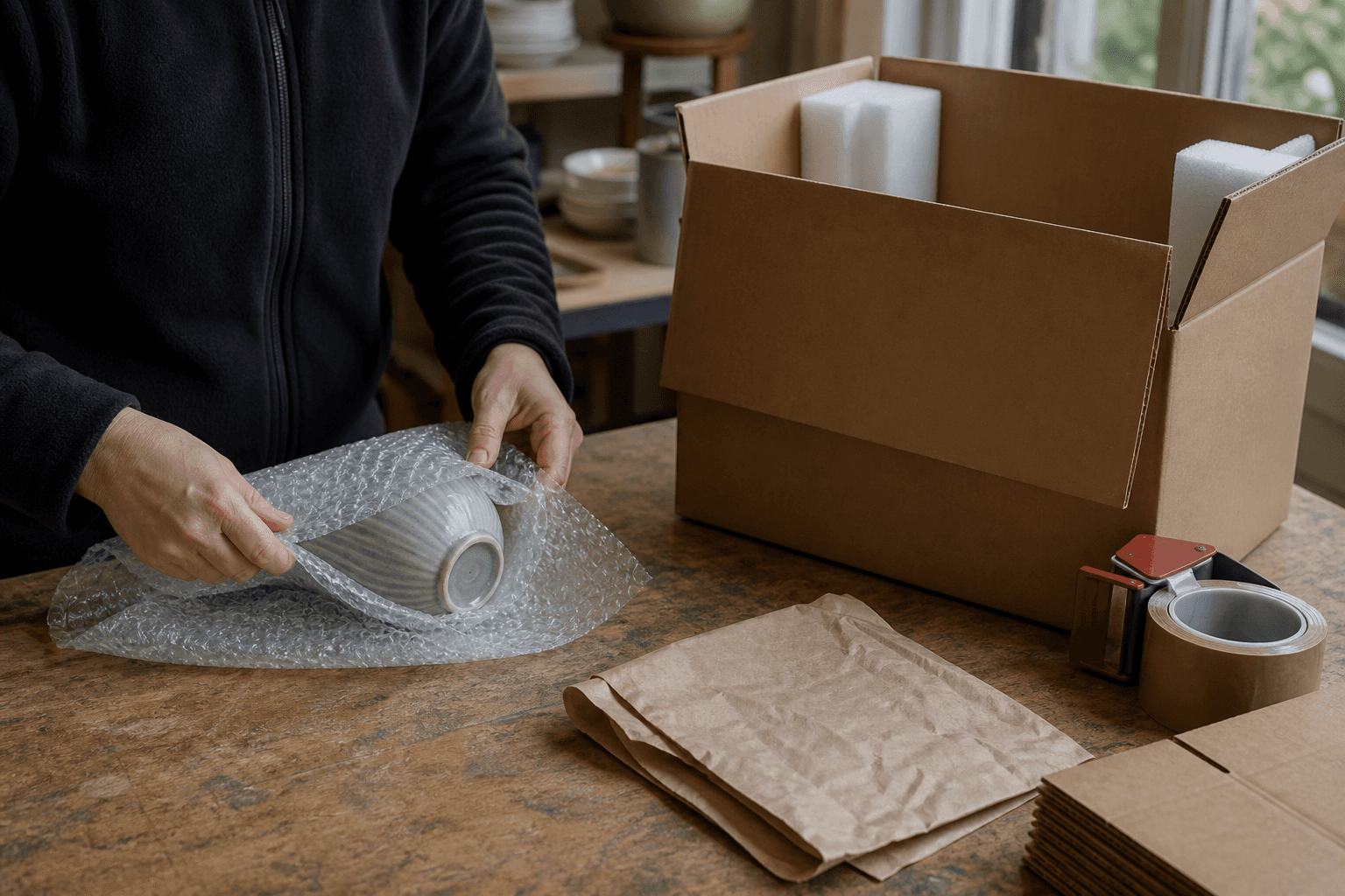 Hands wrapping a ceramic object in bubble wrap next to a larger outer box