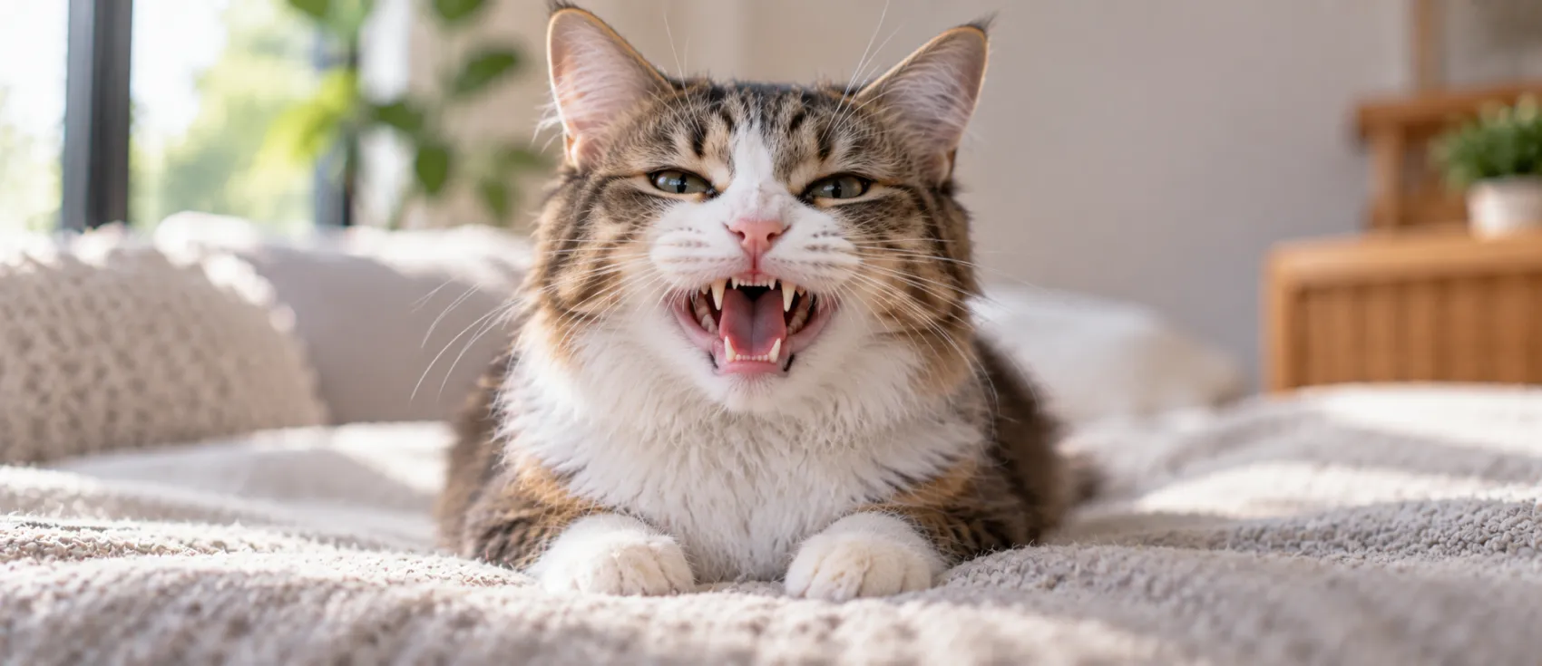 A tabby cat sits mid-yawn, showing red, inflamed gums.