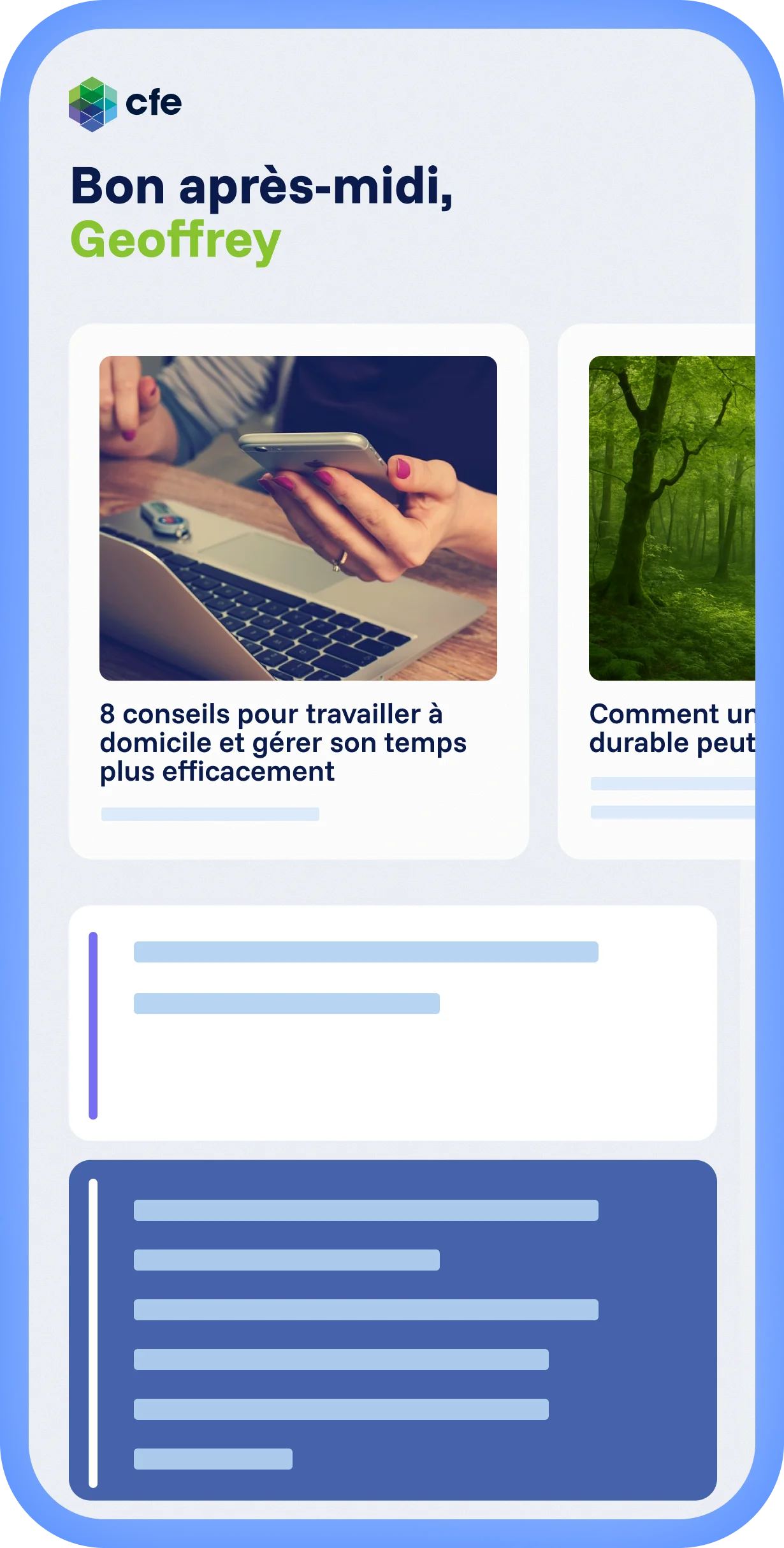 Plateforme Spencer avec expérience locale et branding CFE personnalisé, fil d’articles personnalisé et mise en page claire