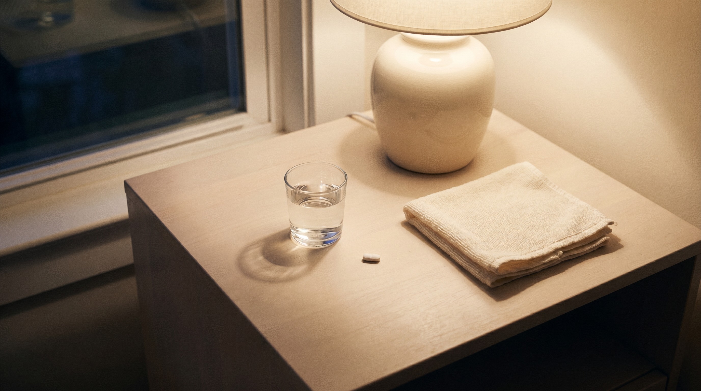 Nightstand with a glass of water and single ibuprofen tablet in soft evening light