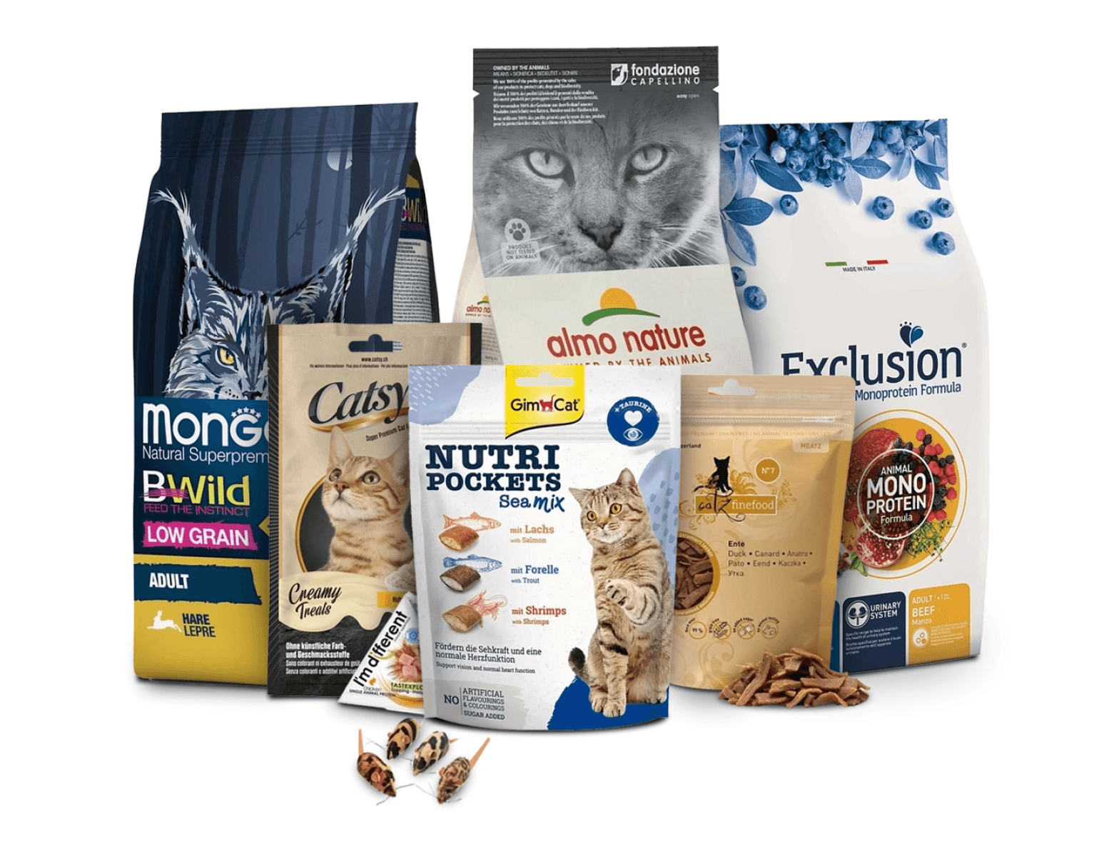 Collection of cat food products from brands including Monge, Catsy, GimCat, Almo Nature, and Exclusion, arranged on a white background