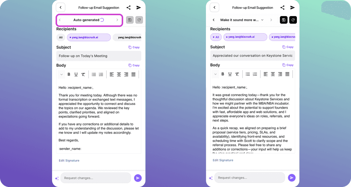 Request changes input highlighted, with an example instruction entered (“Make it sound more welcoming”)