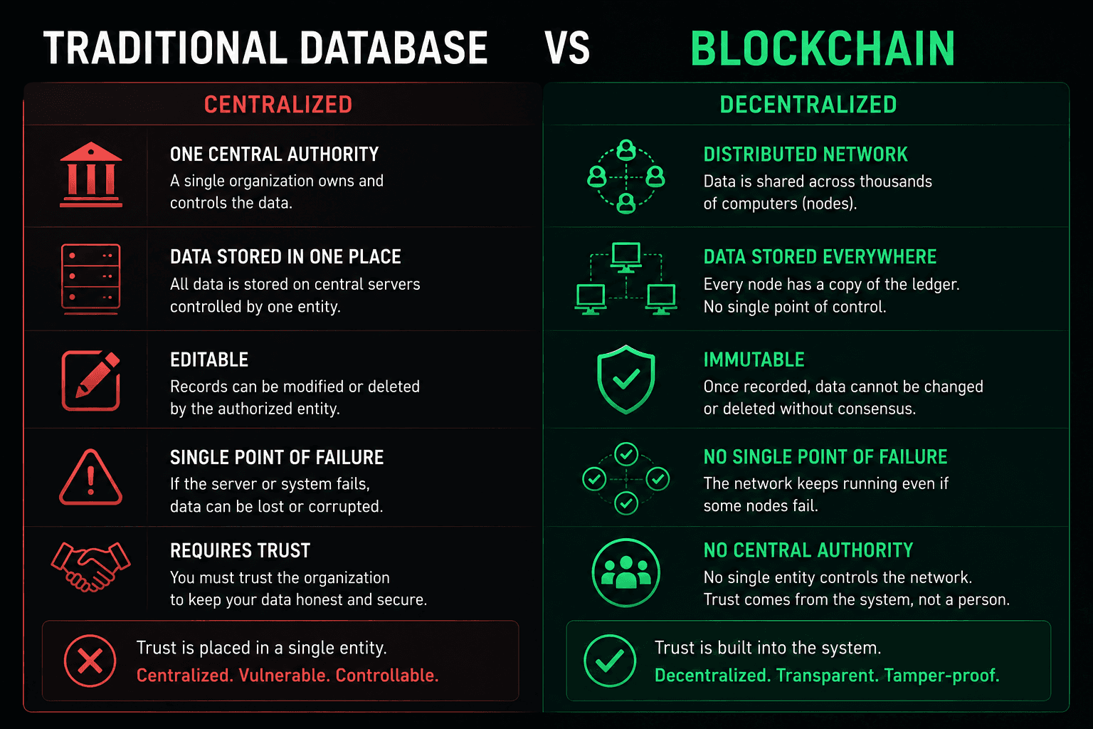 Infographic comparing centralized  traditional database vs decentralized  blockchain network security and trust