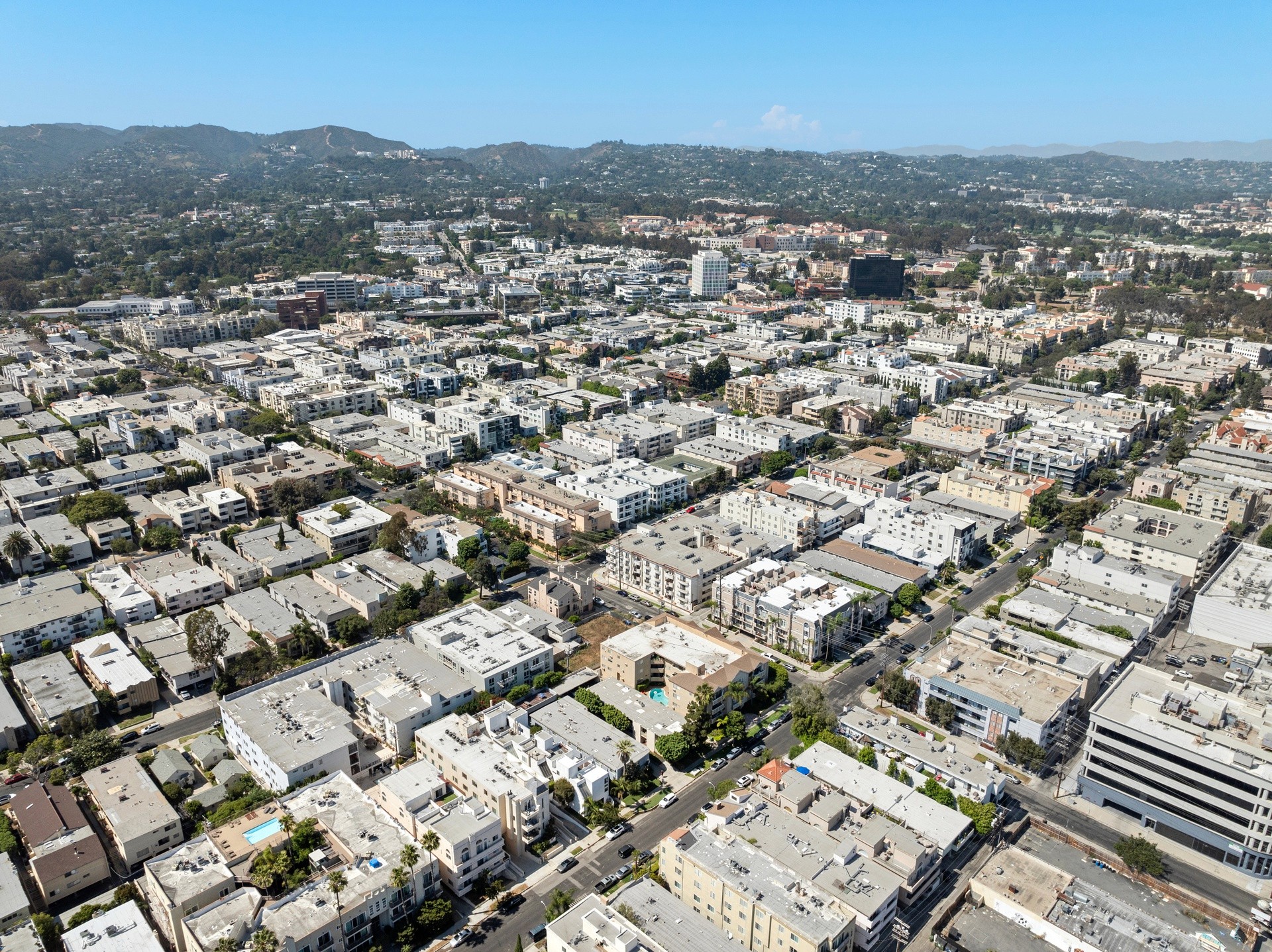 Aerial neighborhood view showing surrounding residential density near 11921 Goshen Ave in West LA.