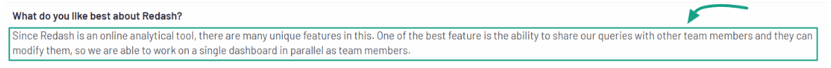 Redash user review highlighting query sharing and team collaboration