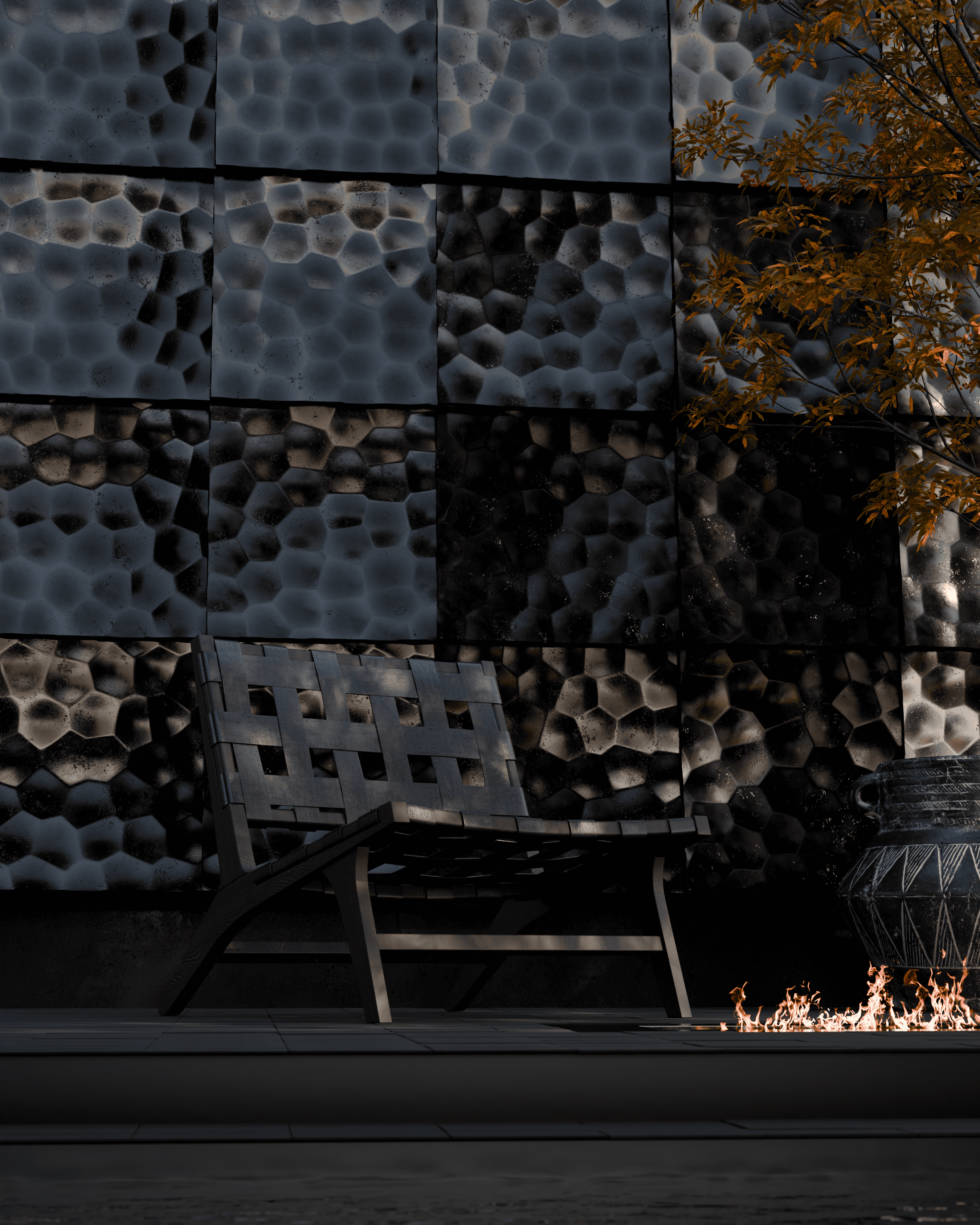 Rendu 3D façade texturée noire inspirée de Soulages, contraste lumière et matière en architecture extérieure — Aure Moukala