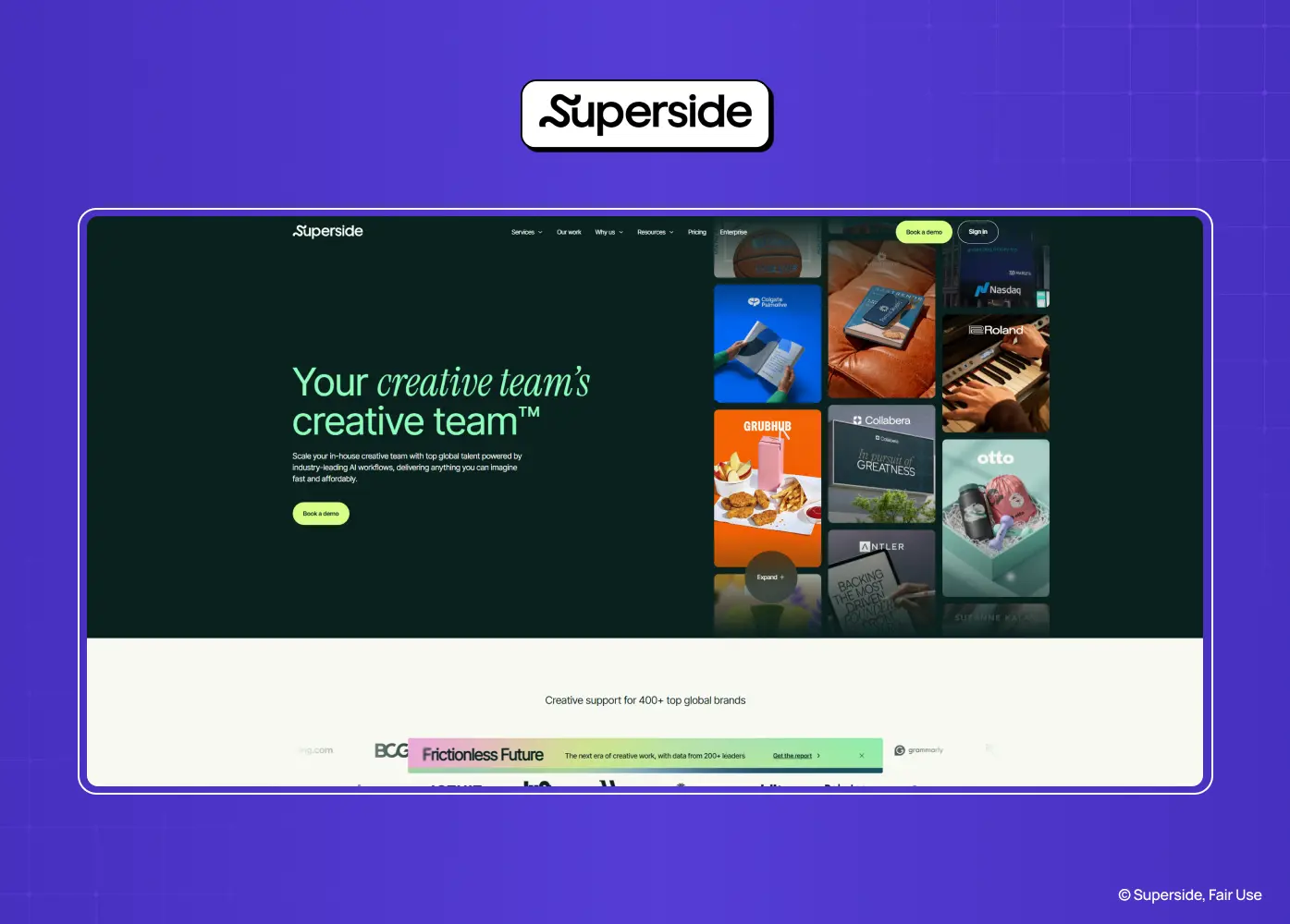 Homepage of Superside showcasing enterprise creative services delivered through a scalable subscription model