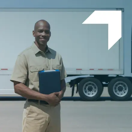 Smiling freight broker standing in front of a white box truck holding a folder — representing GIA Group, LLC’s freight broker insurance coverage for liability, contracts, and compliance protection.