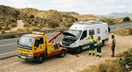 Grúa estándar incapaz de remolcar una furgoneta camper gran volumen L3H2 debido al exceso de altura y peso.