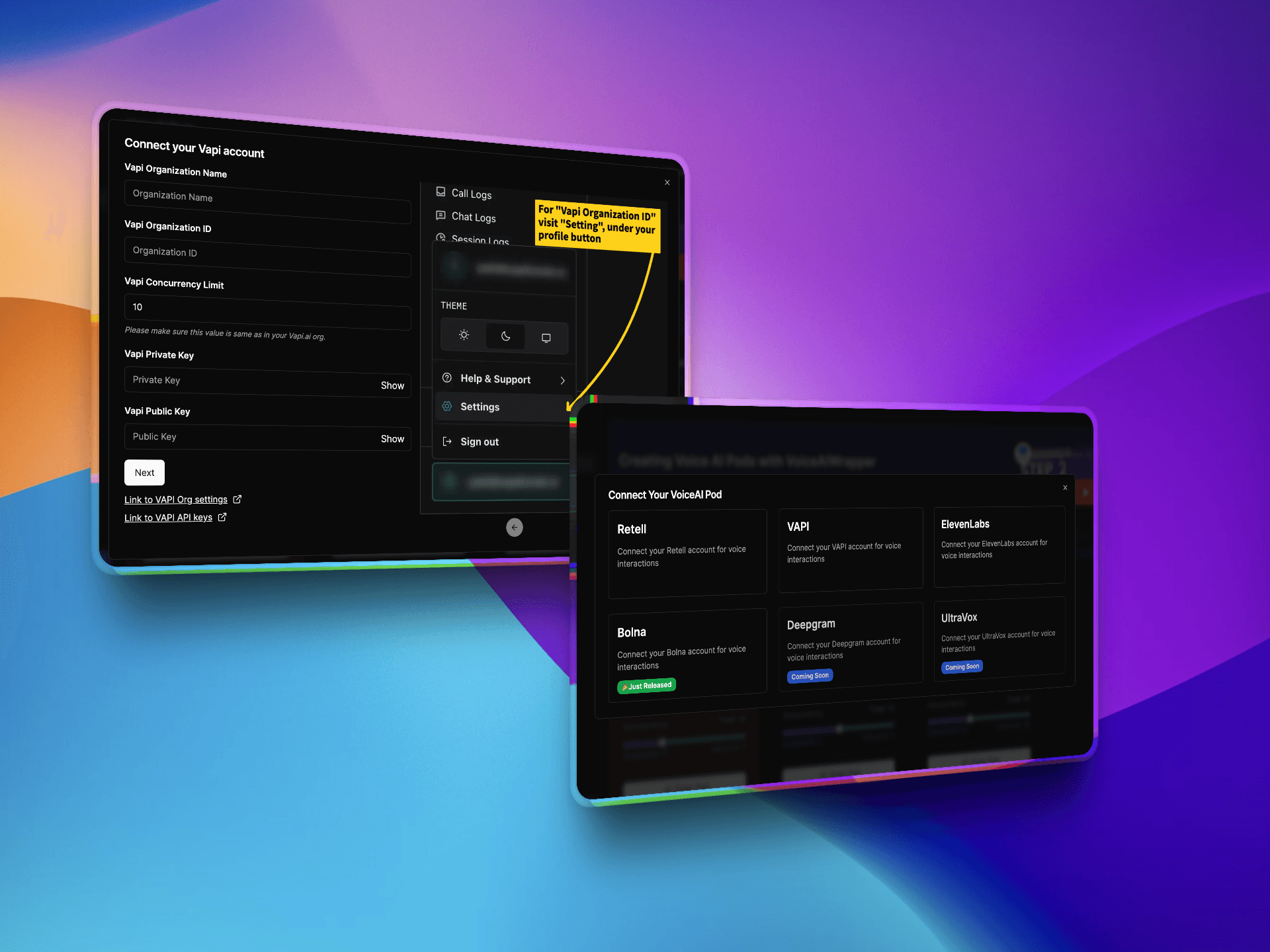 VoiceAIWrapper multi-provider white label platform interface for agencies - left screen shows VAPI account connection form with organization name, ID, concurrency limit, and API keys fields with yellow annotation highlighting settings section; right screen displays Connect Your VoiceAI Pod panel featuring integration options for multiple voice AI providers including Retell, VAPI, ElevenLabs, Bolna, Deepgram, and UltraVox with configuration buttons for each service on dark-themed dashboard. | VoiceAIWrapper