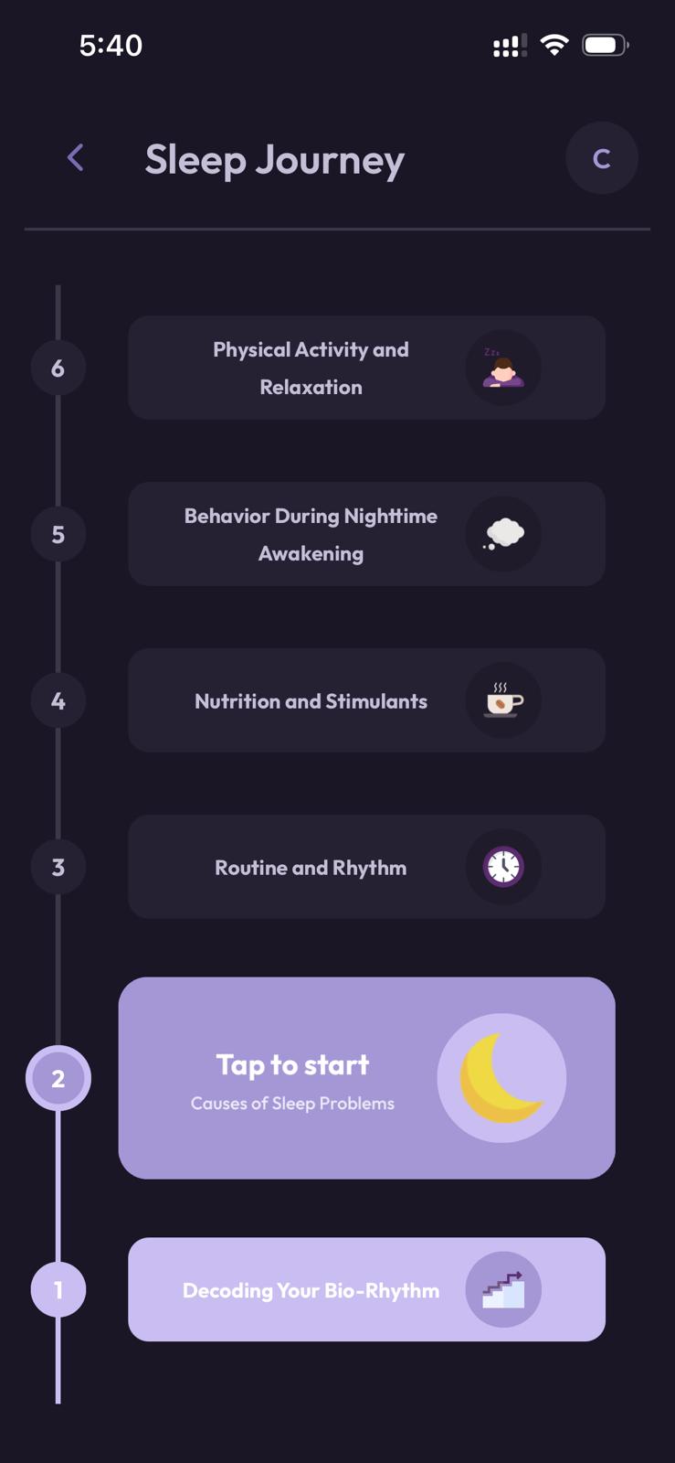Smartphone mockup displaying the "Sleep Journey" interface in the Vialog app. A vertical timeline shows numbered educational modules, including "Decoding Your Bio-Rhythm," "Routine and Rhythm," and "Nutrition and Stimulants." The current step, number 2, is highlighted with a large light-purple card labeled "Tap to start" focusing on "Causes of Sleep Problems," accompanied by a yellow moon icon.