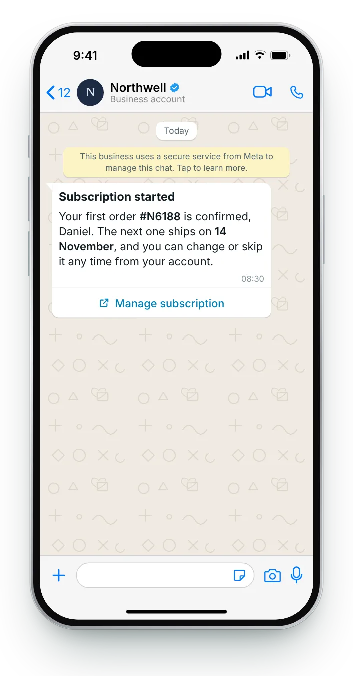 A subscription's first delivery: WhatsApp order confirmation on an iPhone