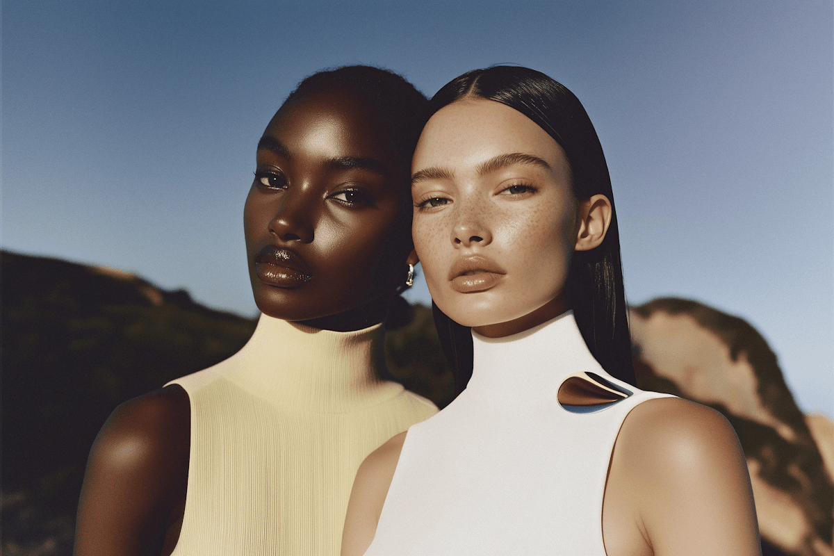Two women wearing sleek, high-neck dresses pose in an outdoor setting with clear blue skies and rocky hills in the background, highlighting a blend of elegance and natural beauty.